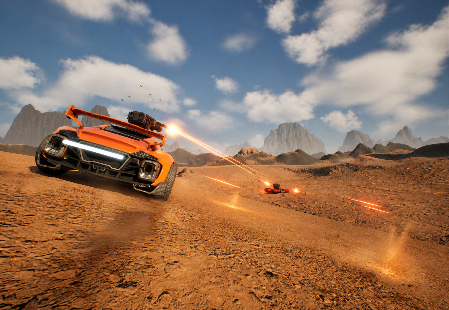 Orange vehicle firing at a defensive tower