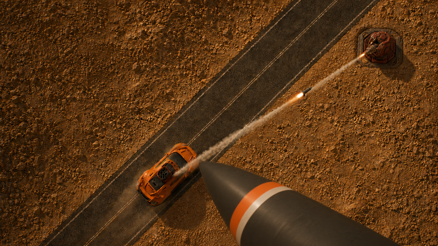 Overhead view of car, tower and missile